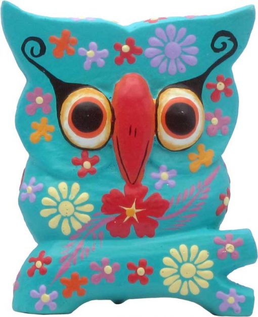 Brightly Painted Small Wood Owl, 3.5 inches tall