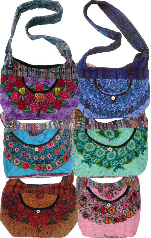 Floral Embroidery Huipil and Eyelet Lace Shoulder Bag,Small