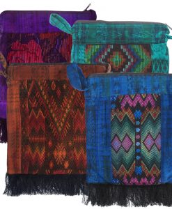 Over-Dyed Huipil Shoulder Bag with Fringe, 9 x 8 inches
