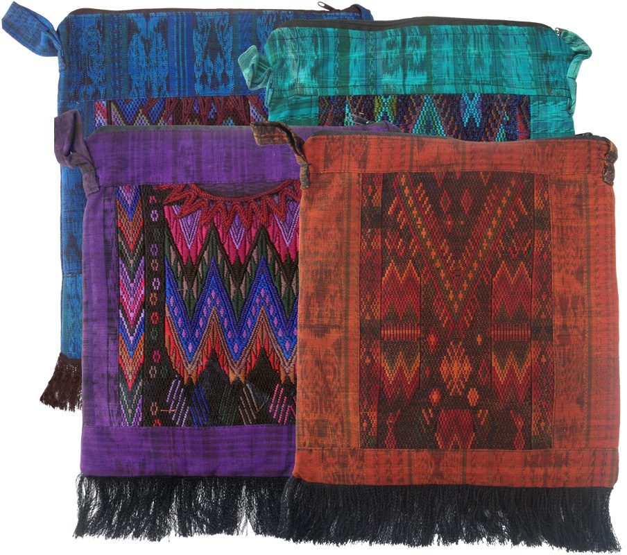 Over-Dyed Huipil Shoulder Bag with Fringe, 12 x 11 inches