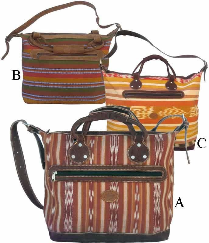 Nubuck Leather and Cotton Ikat Shoulder Bag, 15 x 7 x 15 inches