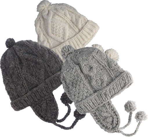 Cable Knit 100 Per Cent Wool Cap with Earflaps and Polar Fleece Lining