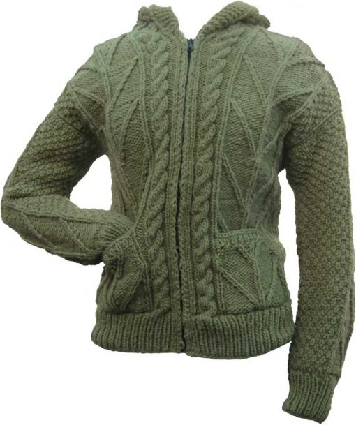 Avocado Green Cable Knit Wool Sweater with Zipper & Hood