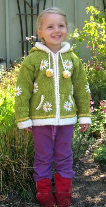 Yellow Green Child`s Cardigan with Pointy Hood