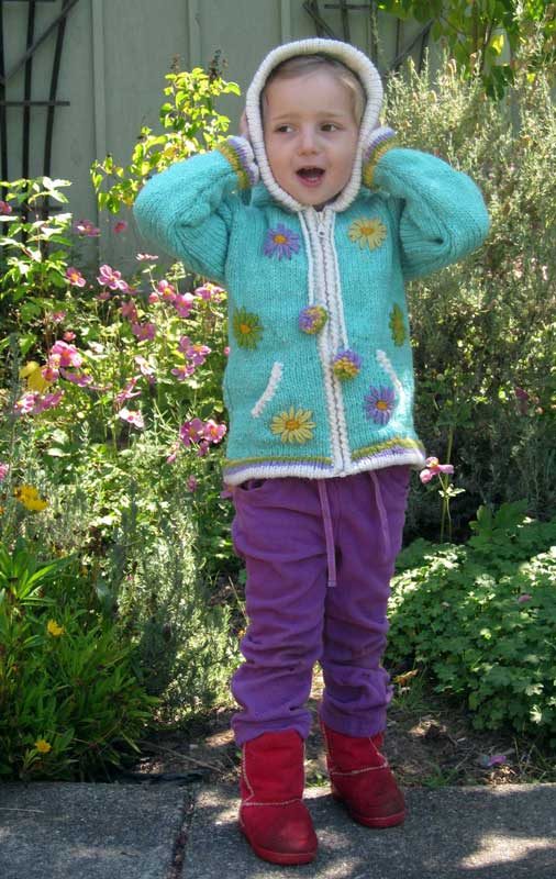 Turquoise Child`s Cardigan with Pointy Hood