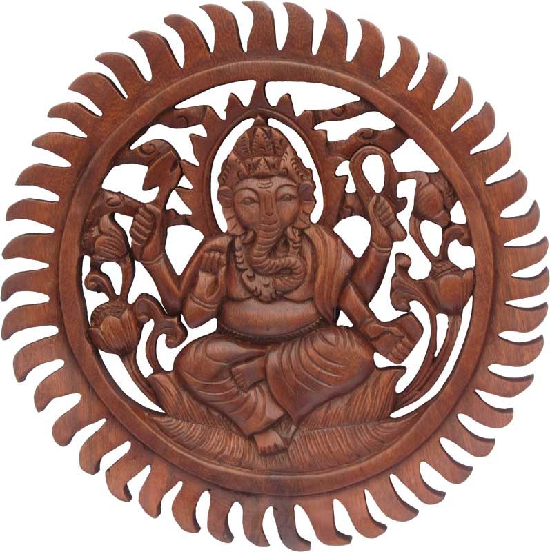 Wood Ganesh Mandala carved from Rain Tree Wood, 12 inches