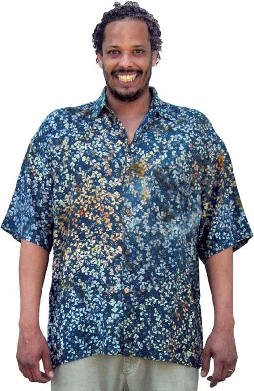 Balinese Batik Shirt for Men in Orange, Green & Teal Floral Batik