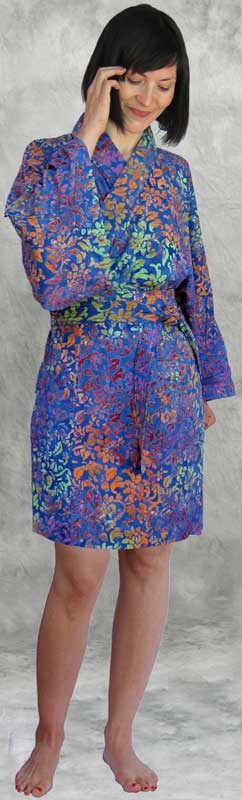 Blue Floral Batik Kimono with Green, Orange & Purple