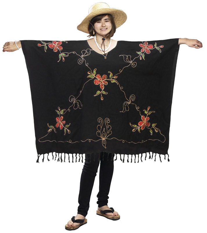 Sequined Sarong Poncho with Hand-Painted Flowers