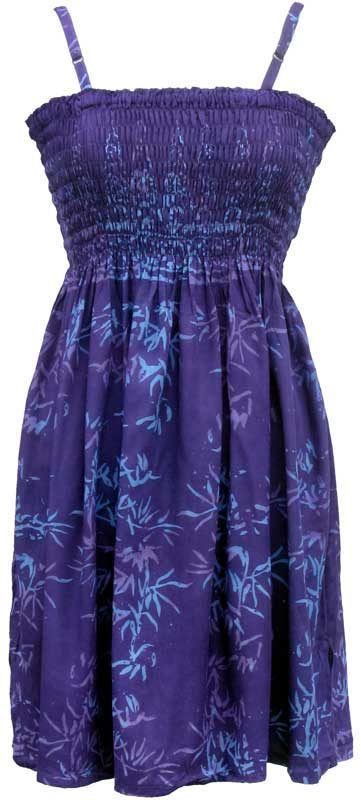 Elastic Bodice Spaghetti Strap Dress in Purple Bamboo Batik, One Size
