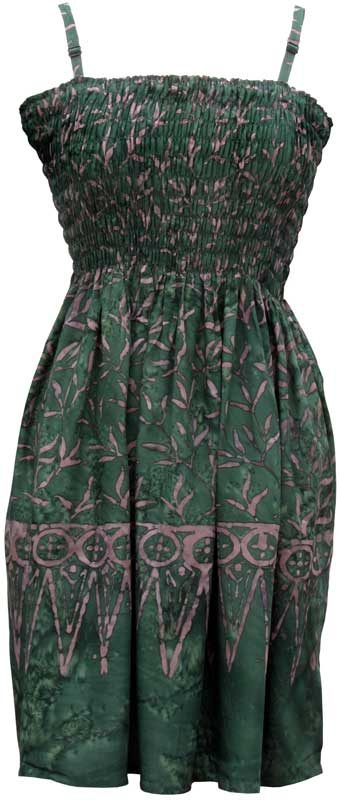 Elastic Bodice Spaghetti Strap Dress in Forest Green Blades of Grass Batik, One Size