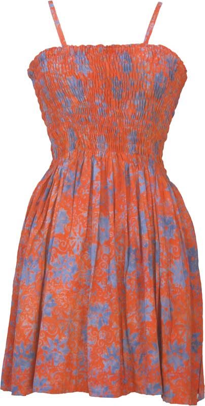 Elastic Bodice Spaghetti Strap Dress in Orange Flower Batik, One Size