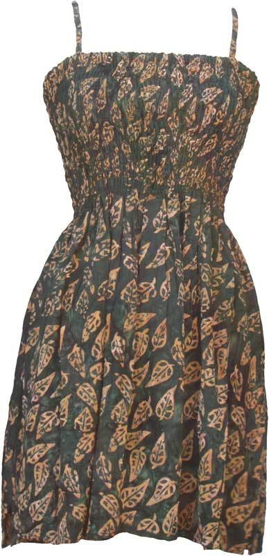 Elastic Bodice Spaghetti Strap Dress in Forest Green Autumn Leaf Batik, One Size