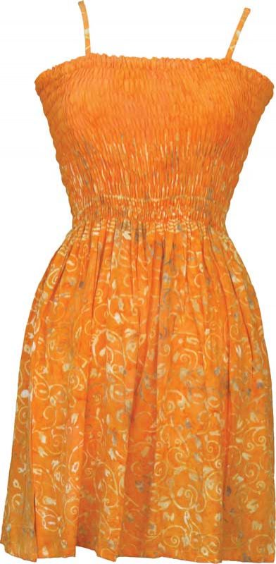 Elastic Bodice Spaghetti Strap Dress in Yellow Leaf Batik, One Size