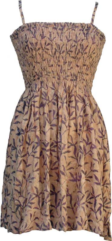 Elastic Bodice Spaghetti Strap Dress in Tan Blades of Grass Batik, One Size