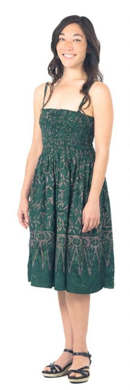 Batik spaghetti strap dress elastic-bodice forest green blades of grass