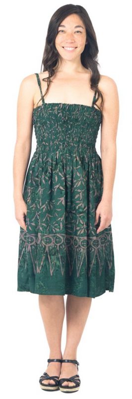 Batik spaghetti strap dress elastic-bodice forest green blades of grass