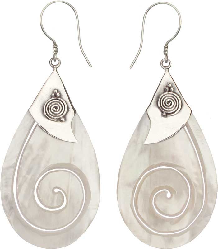 Tear Drop Mother of Pearl Earrings with Cutout Spiral