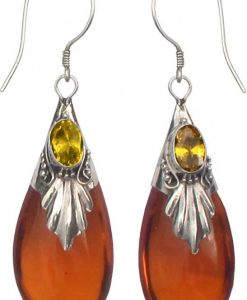 Amber Color Glass, Stone and Sterling Silver Drop Earrings
