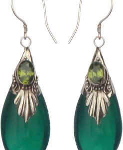 Green Glass, Stone and Sterling Silver Drop Earrings