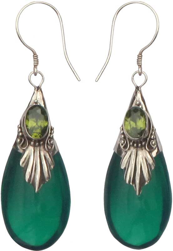 Green Glass, Stone and Sterling Silver Drop Earrings