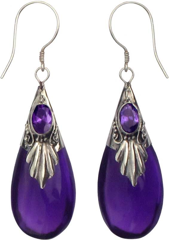 Purple Glass, Stone and Sterling Silver Drop Earrings