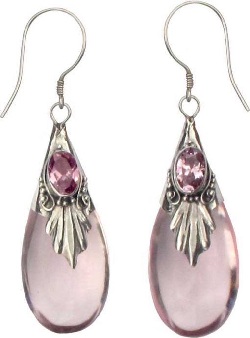 Rose Quartz Color Glass, Stone and Sterling Silver Drop Earrings