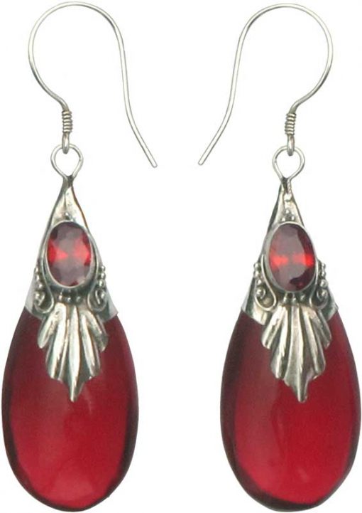 Red Glass, Stone and Sterling Silver Drop Earrings