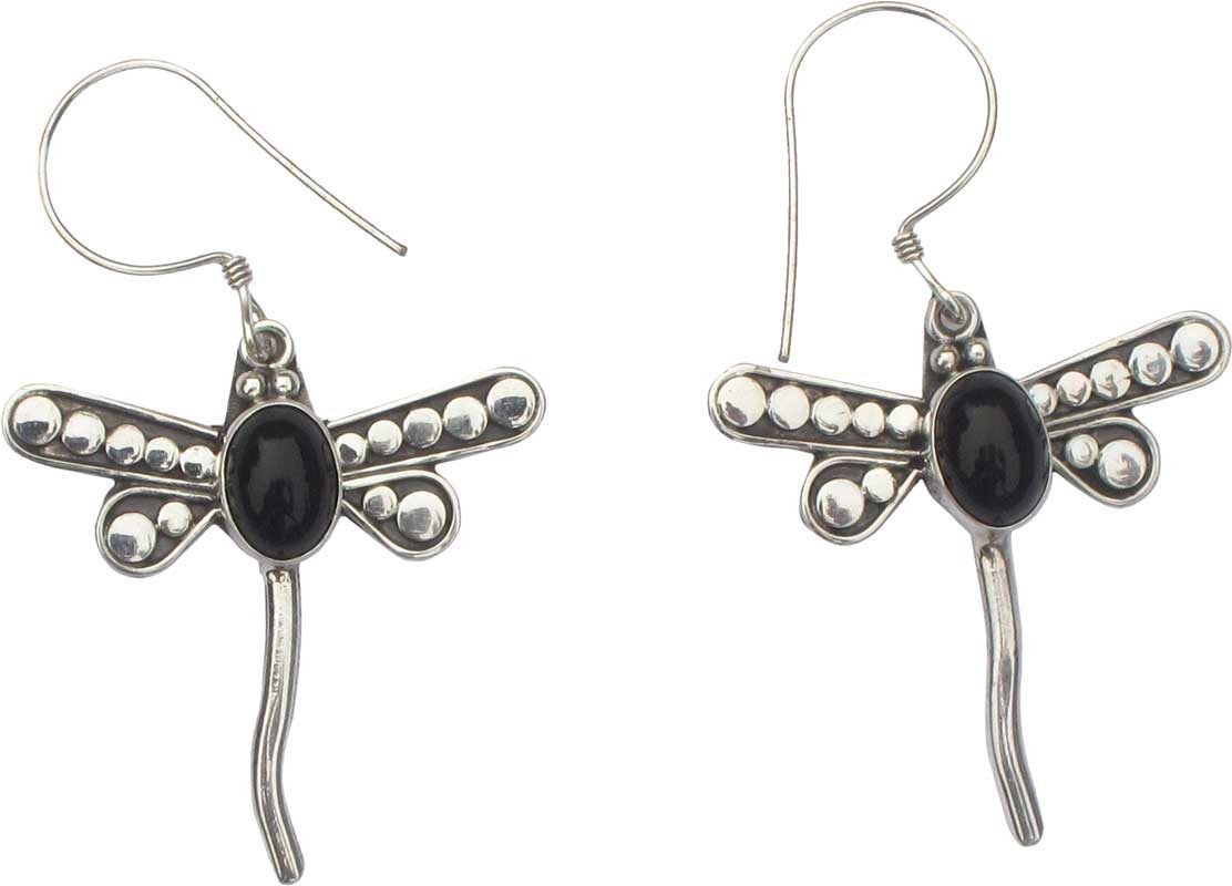 Dragonfly Sterling Silver Earrings with Black Onyx Cabochon