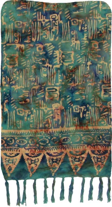 Green & Blue with Tan Ancient Script Artisan Batik Sarong