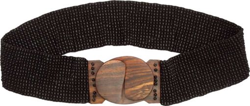 Black Beaded Belt with Wood Buckle