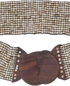 Cream Beaded Belt with Wood Buckle