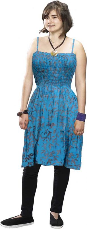 Elastic Bodice Spaghetti Strap Dress in Turquoise and Purple Batik, One Size
