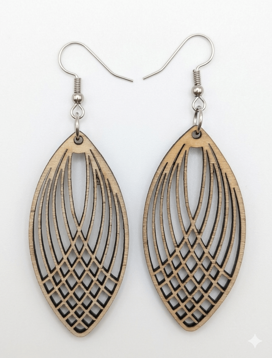 vertical almond shaped earring laser cut wood in a basket style