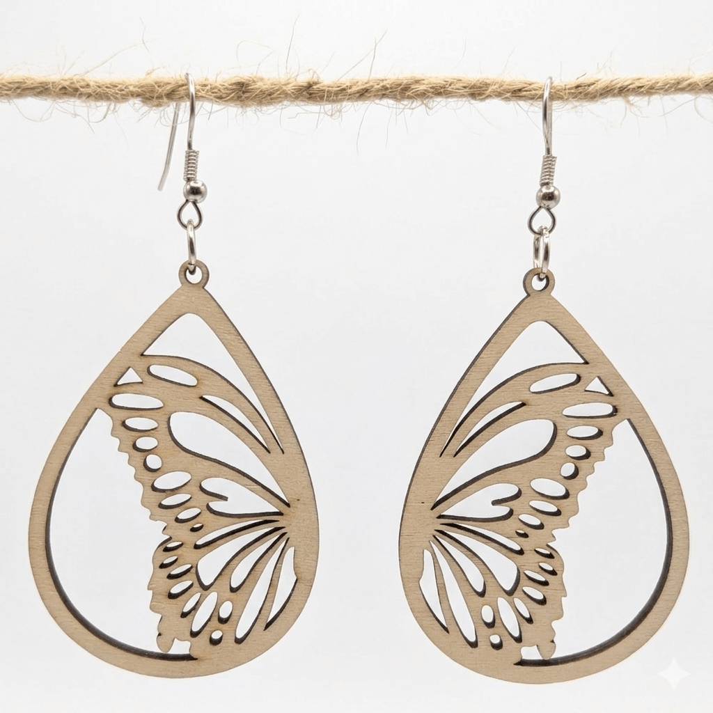 symmetrical butterfly wing in teardrop earrings made of wood