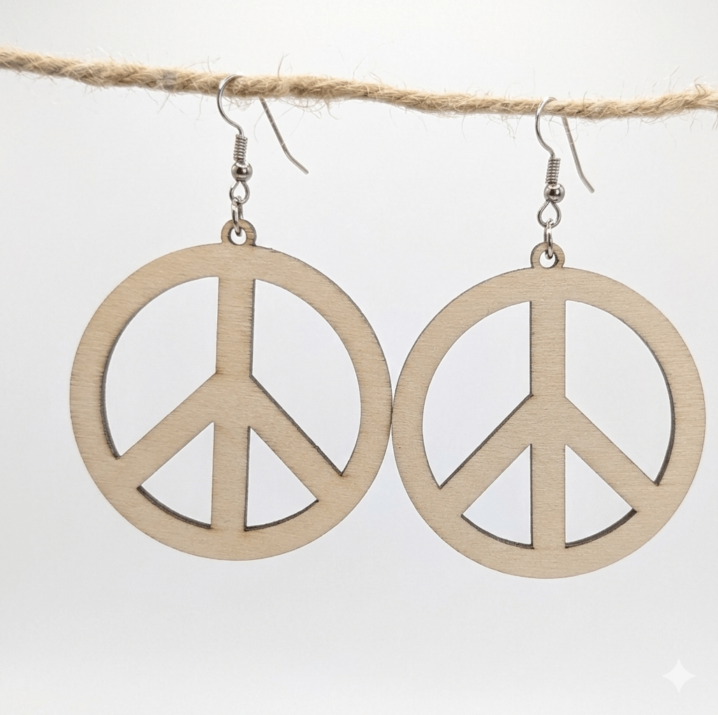 peace sign earrings made of laser cut wood